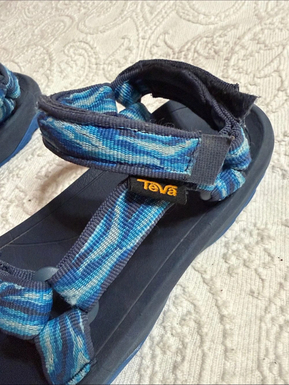 Teva Kids Size 2 - Unisex Navy Sandals with Blue Patterned Velcro Straps
